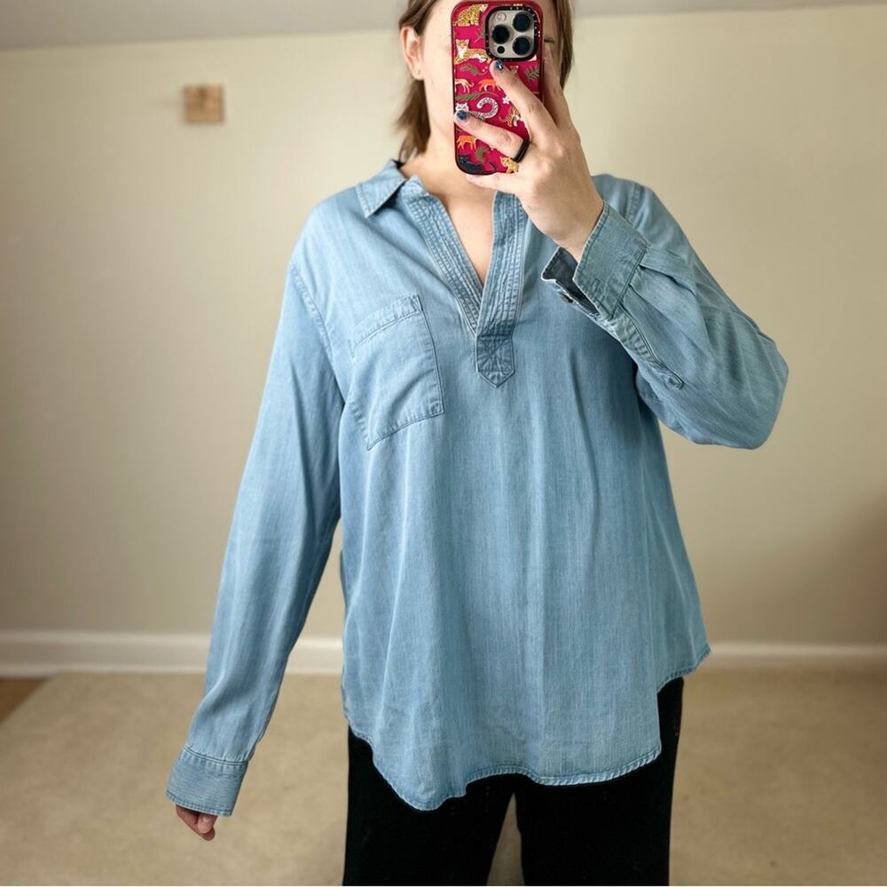Liverpool Blue Chambray Long Sleeve Collared Blouse
